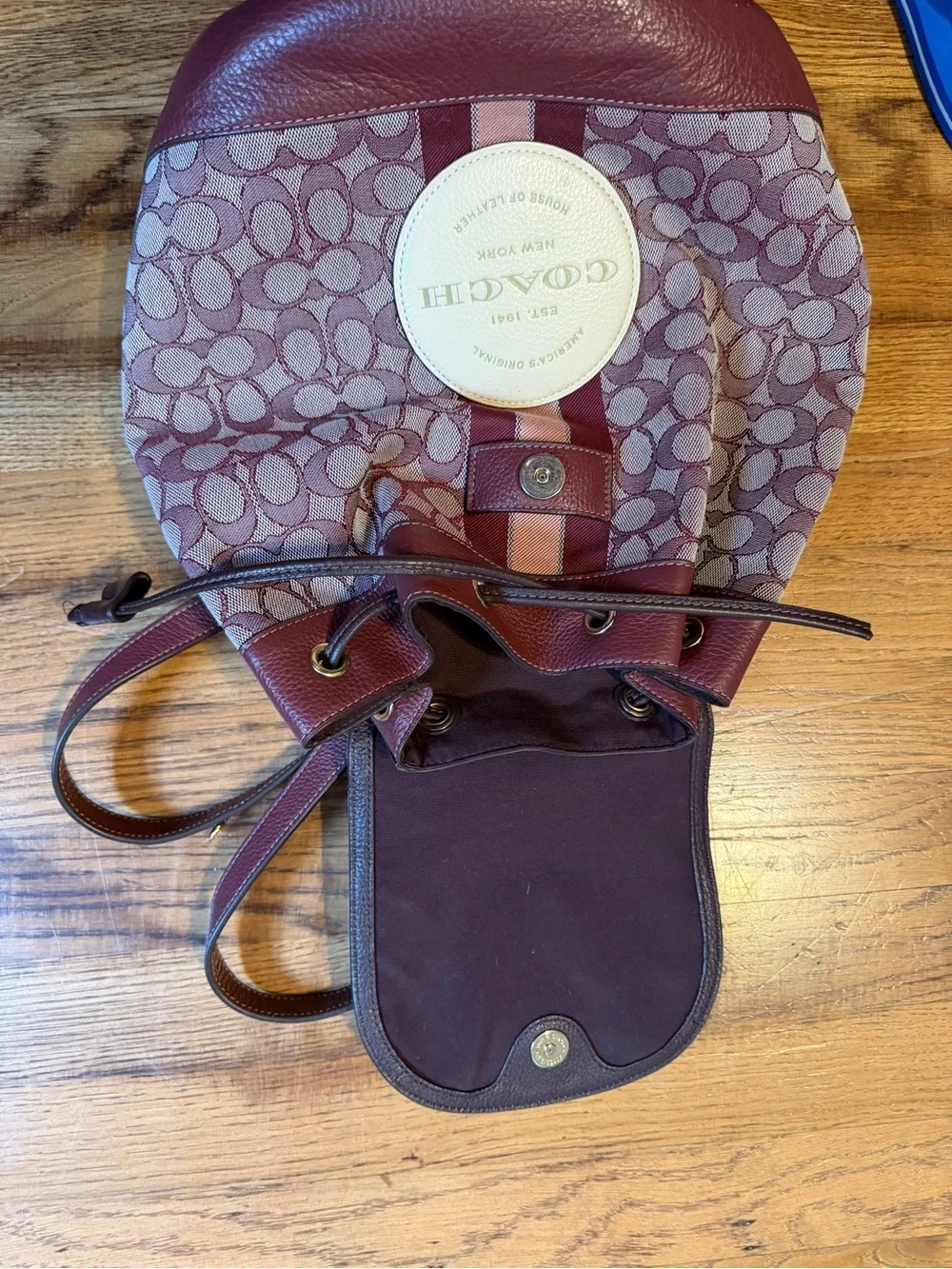 Coach Burgundy Signature Logo Canvas Backpack with Pink Stripe